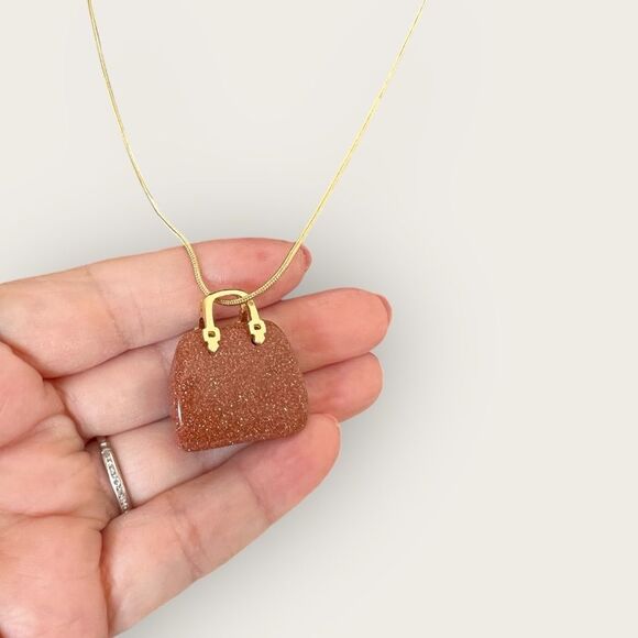 Brown druzy Quartz  purse pendant plus a gold plated necklace - Picture 2 of 7